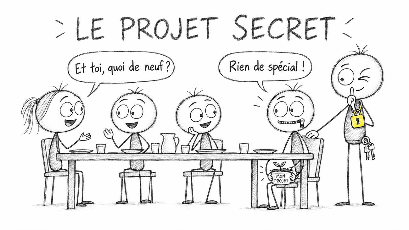 Parler de son projet de reconversion : au repas de famille, le héros répond « rien de spécial » avec un pot « mon projet » caché sous la table