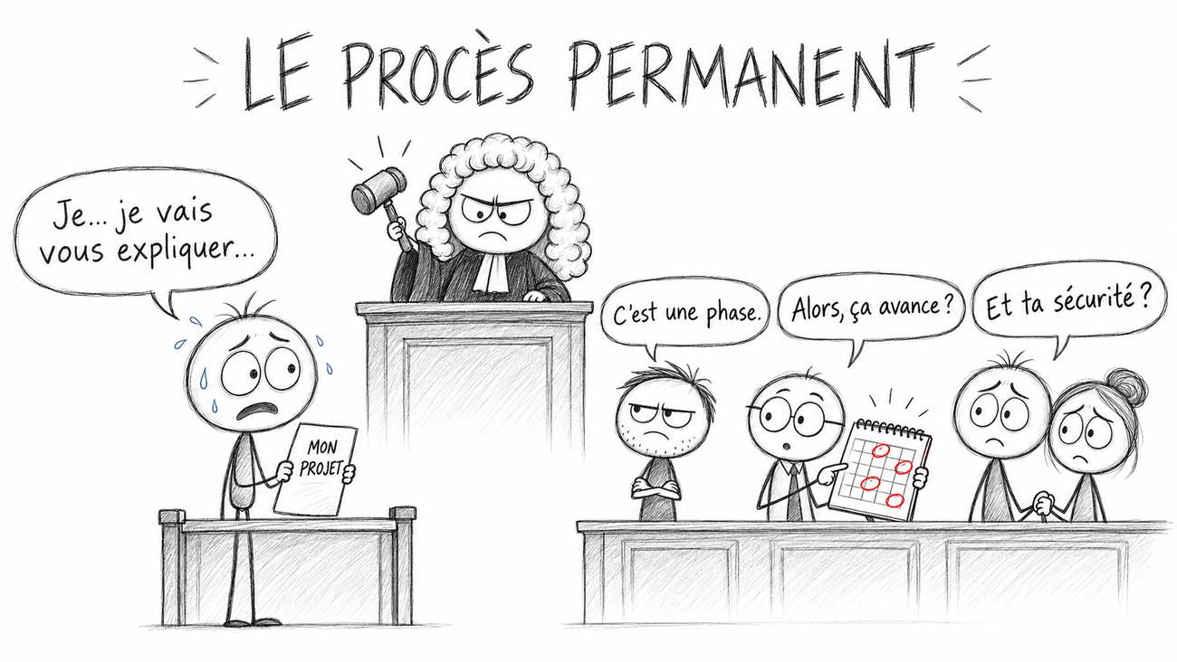 Annoncer sa reconversion à ses proches : le héros au tribunal, le Tribunal de la Culpabilité en perruque, les proches qui demandent si ça avance