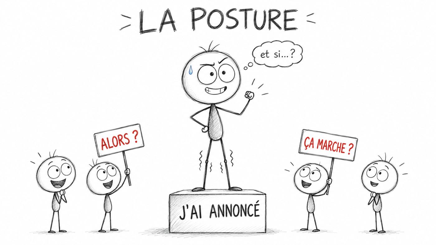 Tenir la posture après avoir annoncé sa reconversion : le héros sur un socle « J’ai annoncé », genoux tremblants, pancartes « Alors ? » et « Ça marche ? »