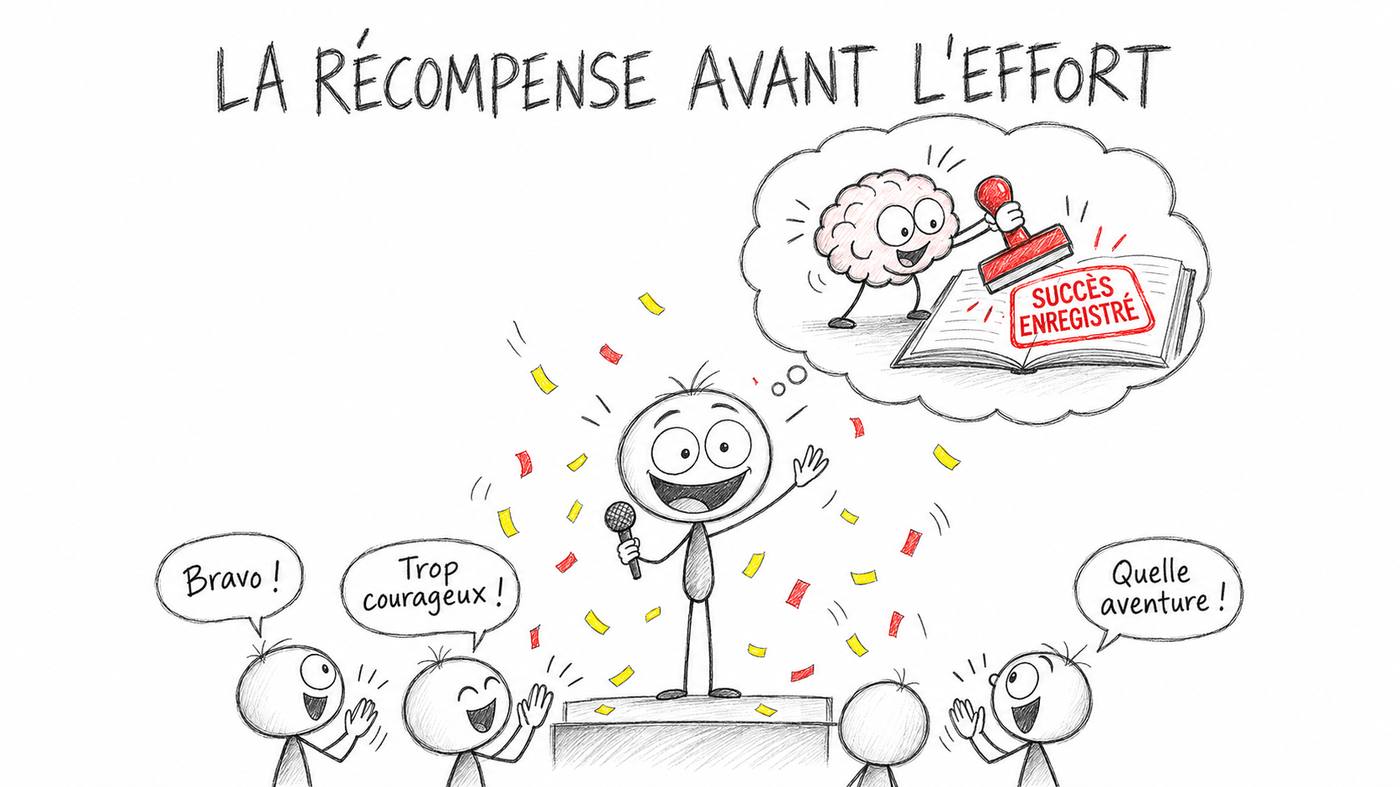 La récompense avant l’effort : le héros au micro sous les confettis pendant que son cerveau tamponne « succès enregistré »