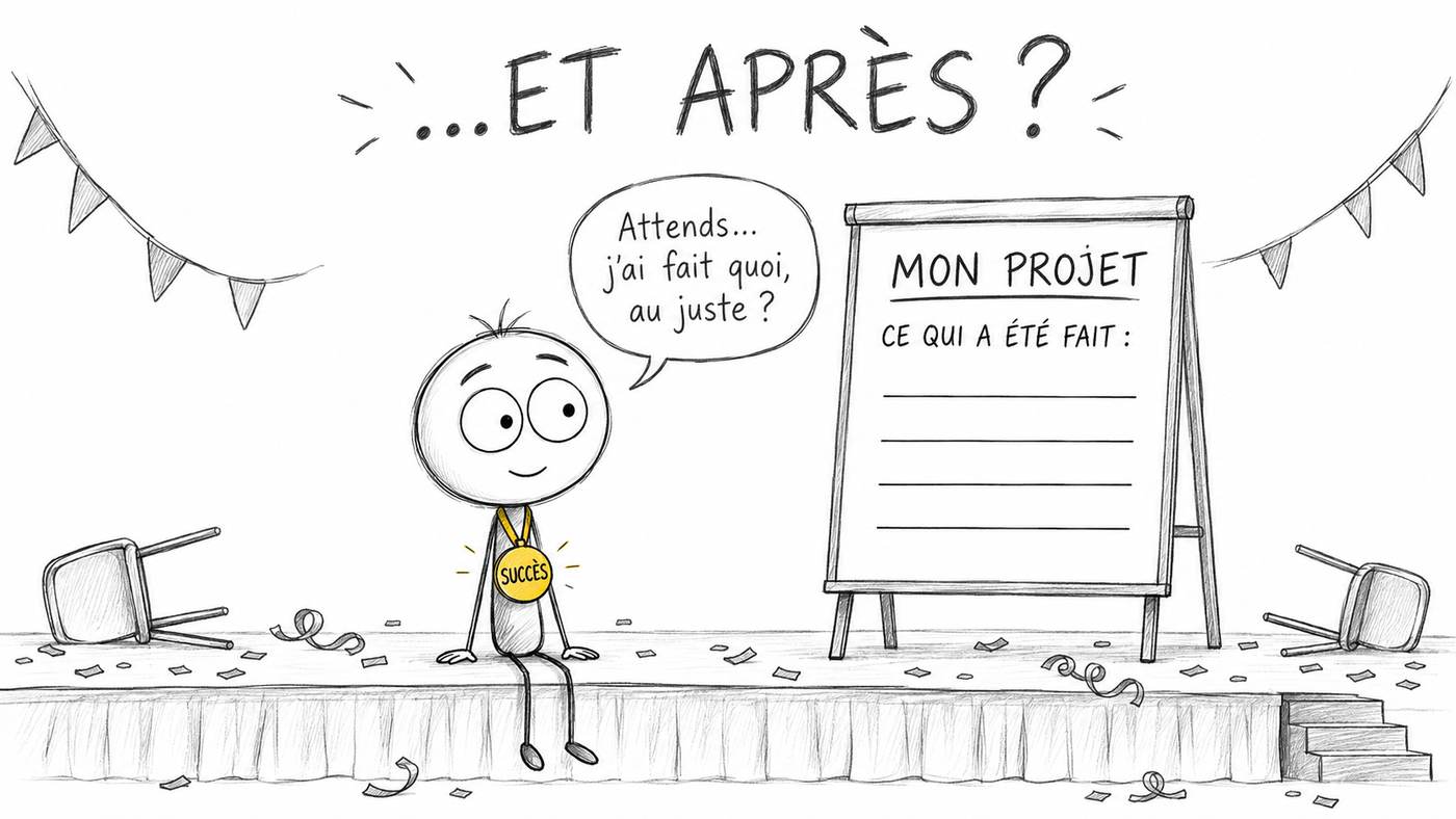 Après l’annonce d’un projet de reconversion : le héros avec sa médaille « succès » devant un tableau « ce qui a été fait » resté vide