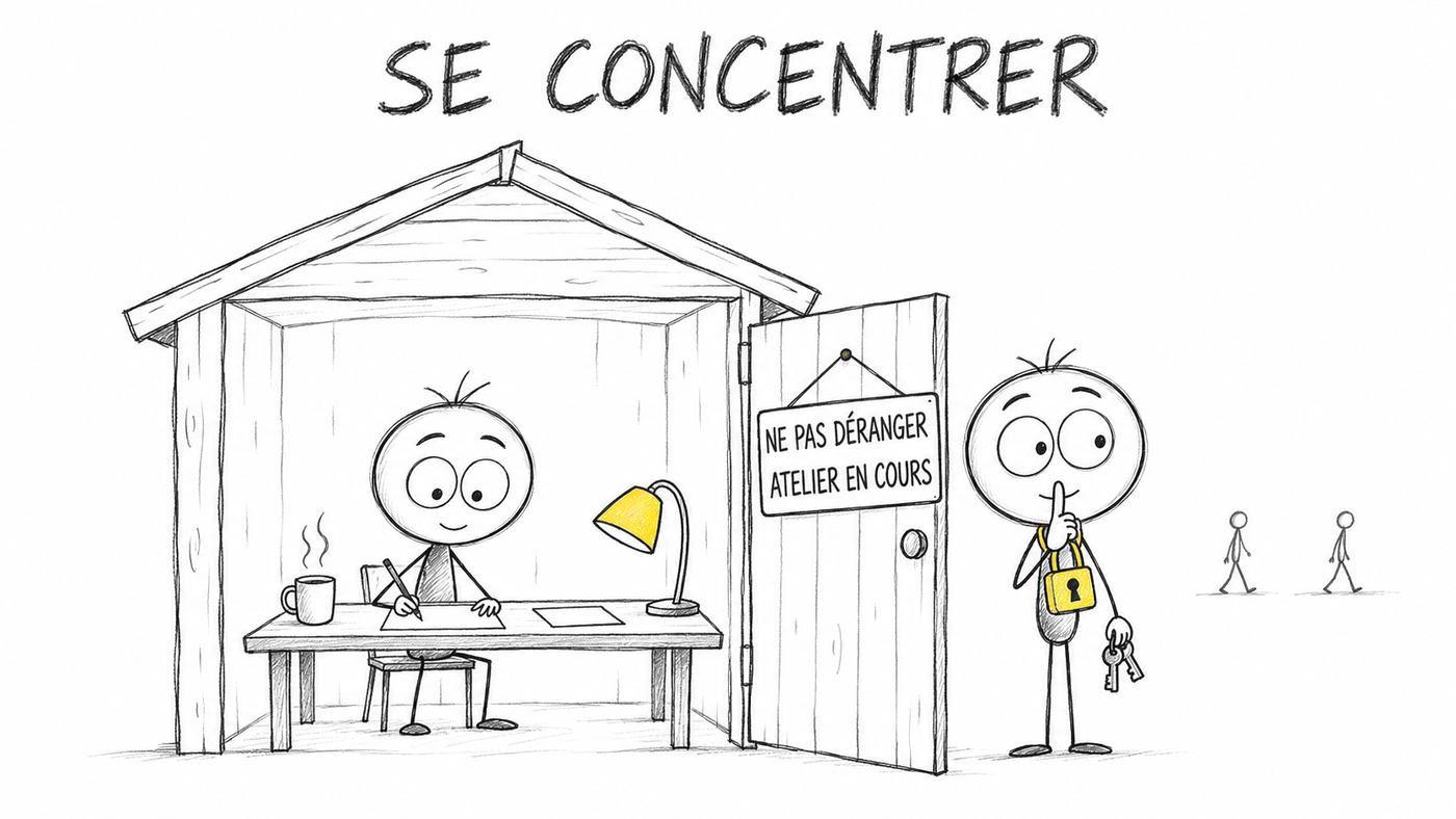 Se concentrer sur son projet de reconversion sans l’annoncer : le héros travaille dans un atelier, le Gardien du Silence tient la porte avec sa pancarte « ne pas déranger »