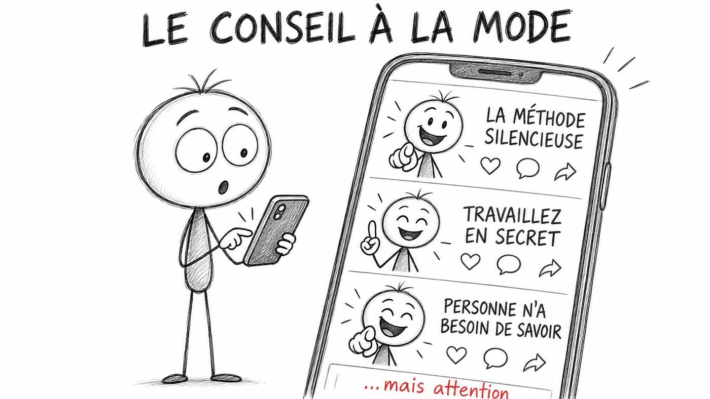 La méthode silencieuse pour sa reconversion : le héros regarde sur son téléphone « travaillez en secret », « personne n’a besoin de savoir »