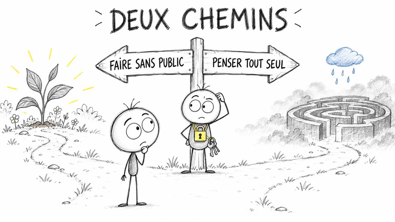 Deux chemins pour son projet de reconversion : « faire sans public » vers un jardin, « penser tout seul » vers un labyrinthe, le Gardien du Silence au carrefour