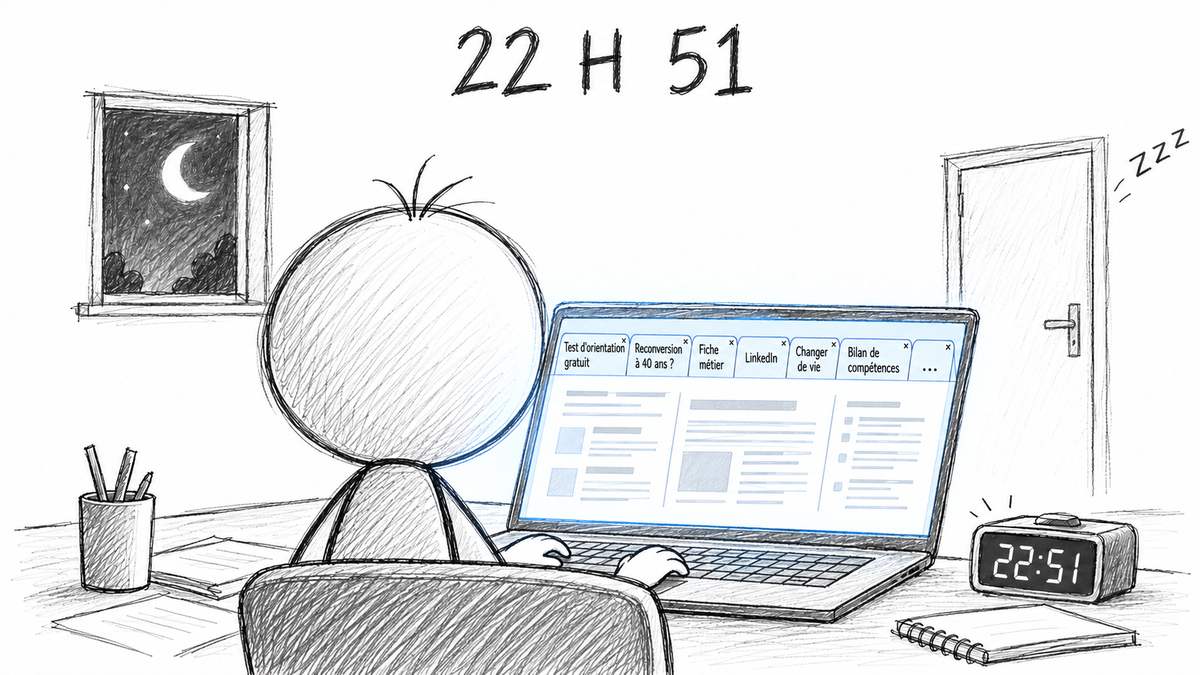 Réfléchir seul à sa reconversion : le héros devant son ordinateur à 22h51, sept onglets ouverts, la maison endormie