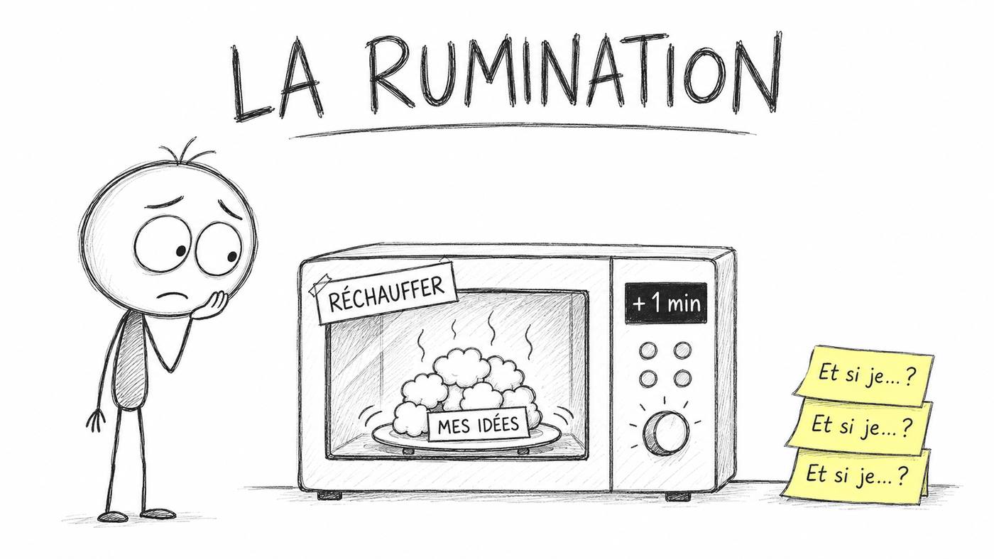 La rumination dans un projet de reconversion : le héros réchauffe « mes idées » au micro-ondes, post-it « et si je… ? »