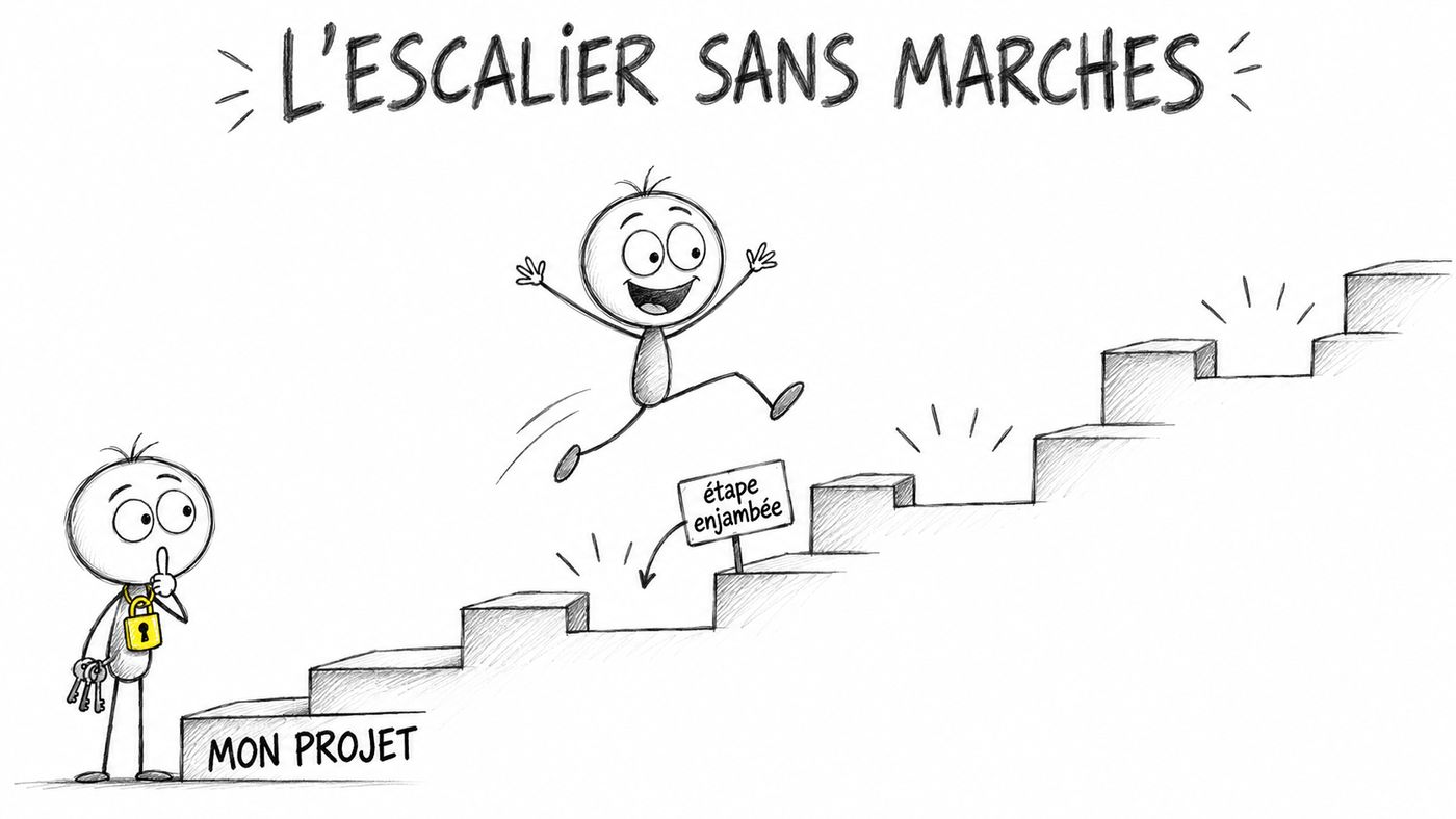 Sauter des étapes dans son projet de reconversion : le héros saute une marche « étape enjambée » sous le regard silencieux du Gardien du Silence