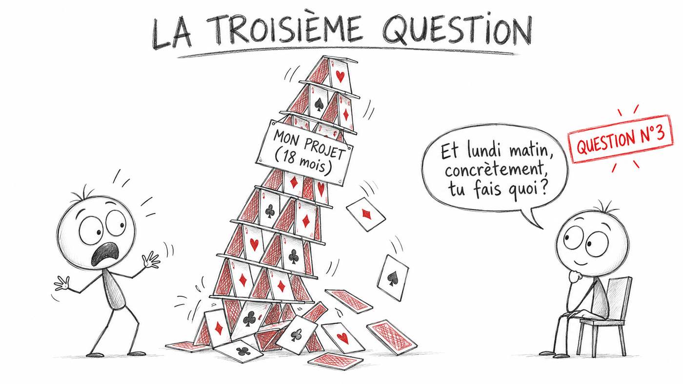 La troisième question qui fait tomber un projet de reconversion : le château de cartes « mon projet (18 mois) » s’écroule quand on demande « et lundi matin, concrètement, tu fais quoi ? »
