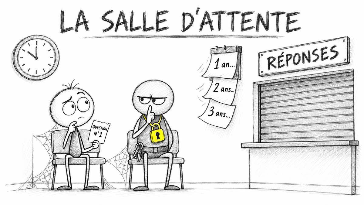 Attendre seul les réponses sur sa reconversion : le héros et le Gardien du Silence dans une salle d’attente, le guichet « réponses » fermé, un an, deux ans, trois ans