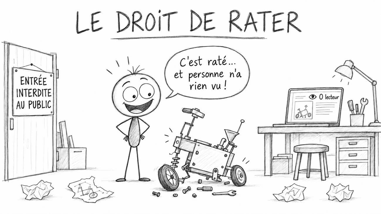 Le droit de rater grâce au silence : le héros ravi devant son prototype raté, « personne n’a rien vu », zéro lecteur