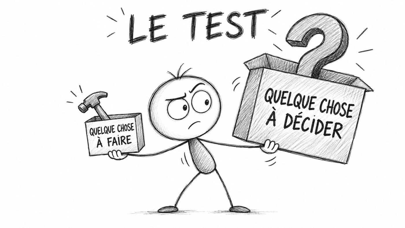 Le test pour savoir si le silence vous aide : le héros soupèse une petite boîte « quelque chose à faire » et une grosse boîte « quelque chose à décider »