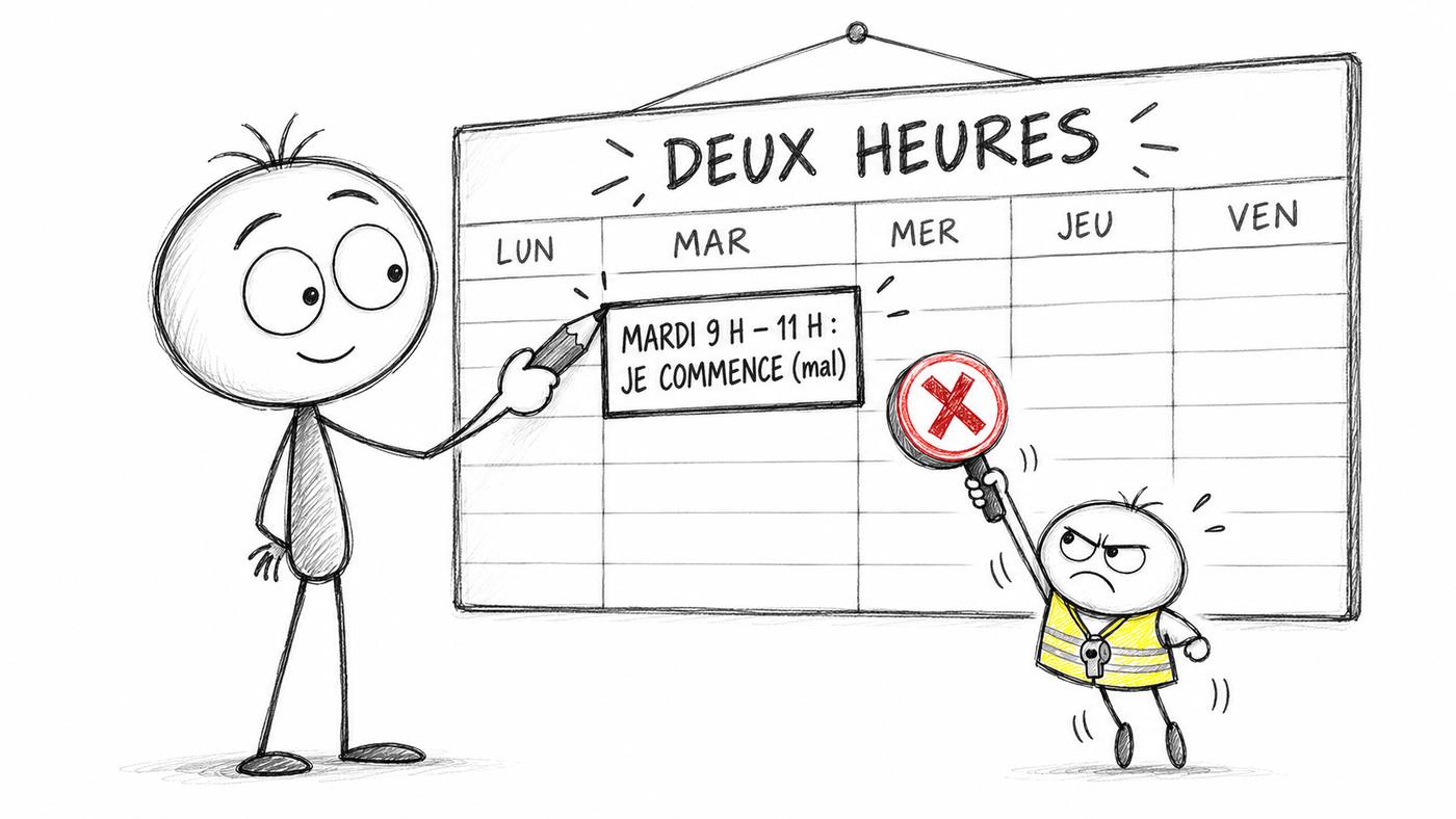 Passer à l’action sur sa reconversion : le héros bloque « mardi 9h-11h : je commence (mal) » dans son agenda pendant que le Comité de la Sécurité brandit un panneau rouge